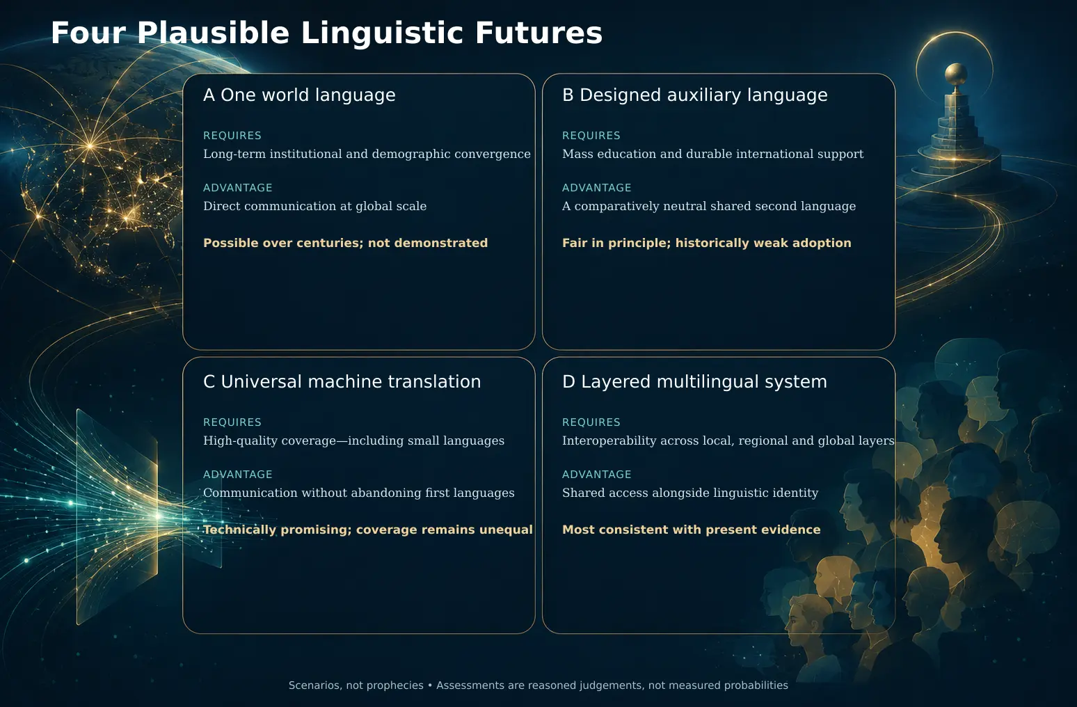 Four plausible linguistic futures and the conditions each would require