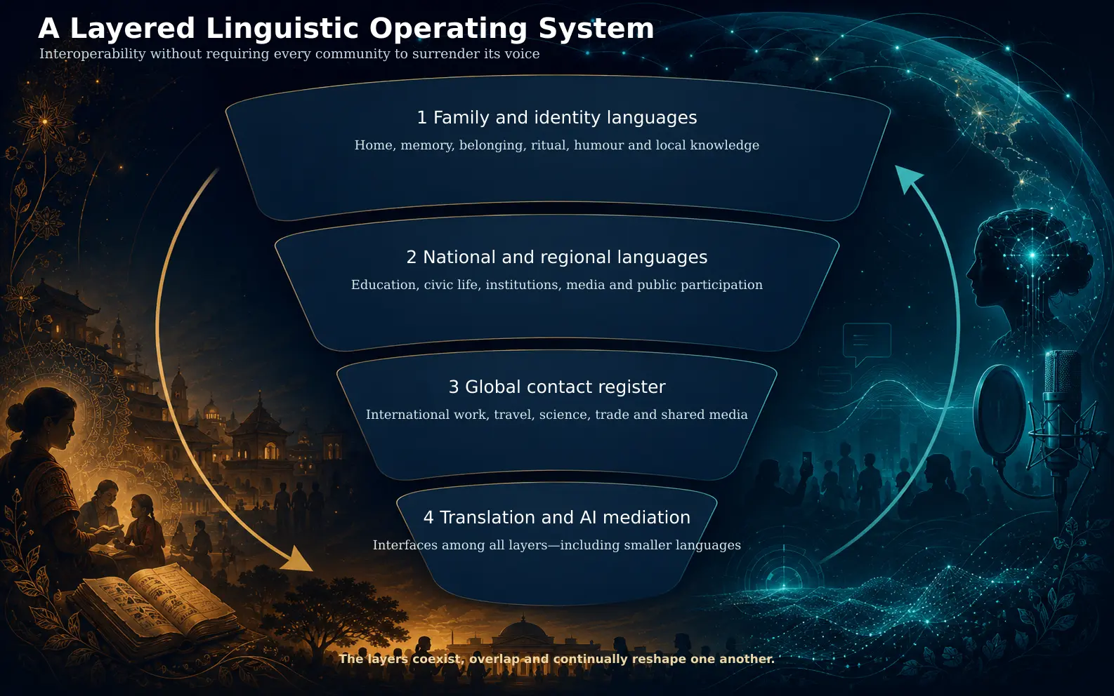 A layered system connecting identity, civic, global and machine-mediated language